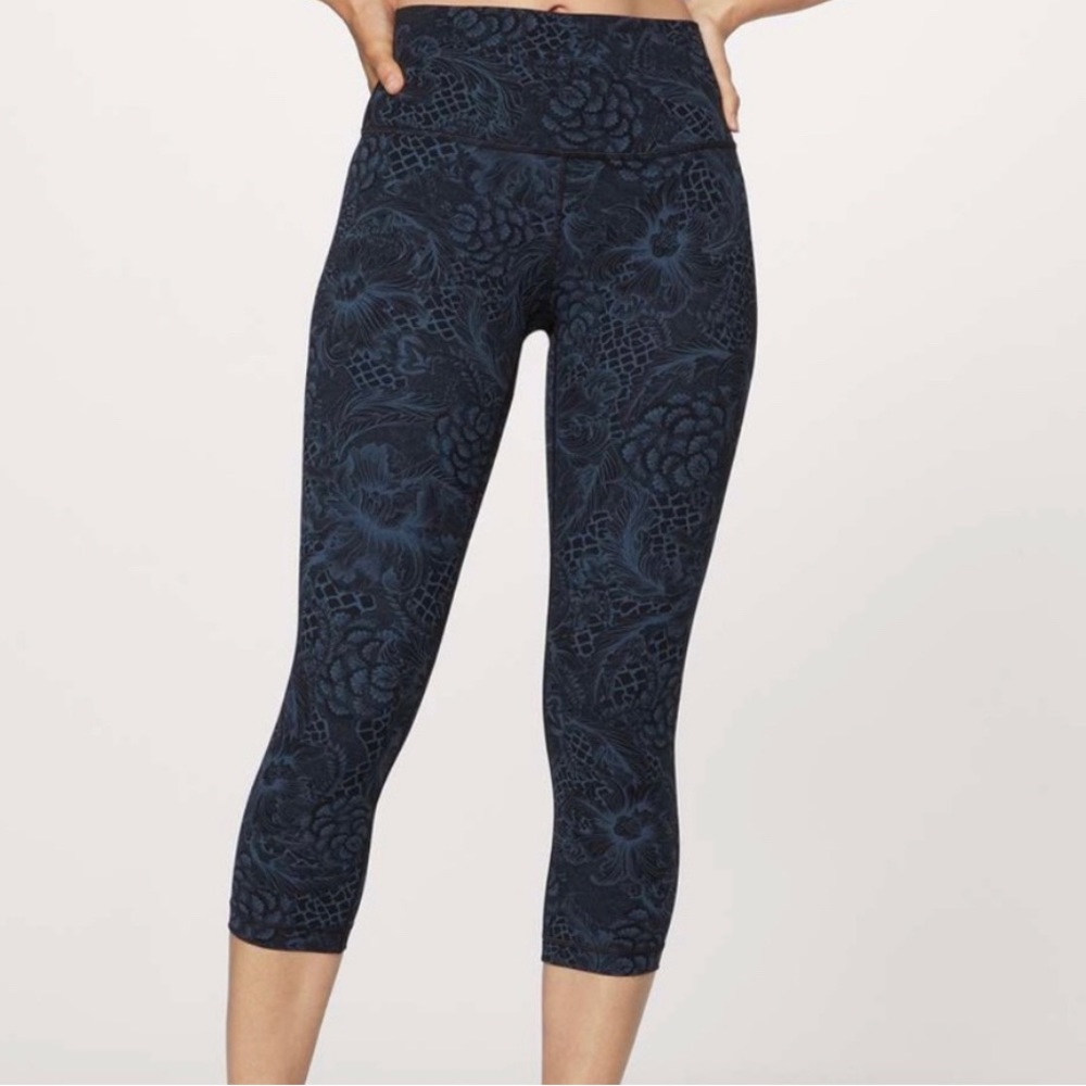 lululemon Black and Dark Blue Floral legging  with mesh leg